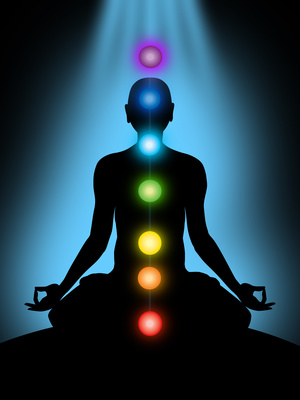 représentation d'une personne qui médite avec les chakras